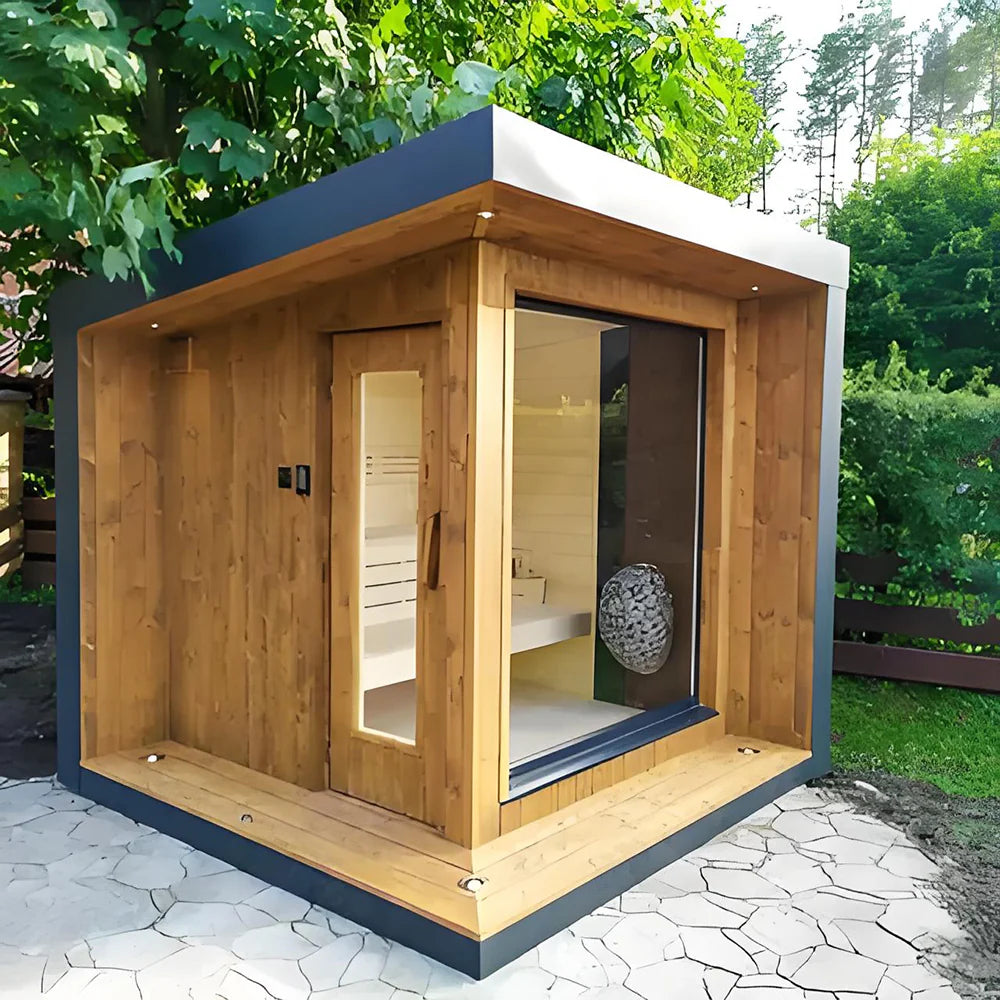 Relaxing - type wet - insulated electrically - heated sauna. It's a traditional outdoor cube - shaped sauna made of red cedar for 6 people. The wooden sauna comes with a heater.