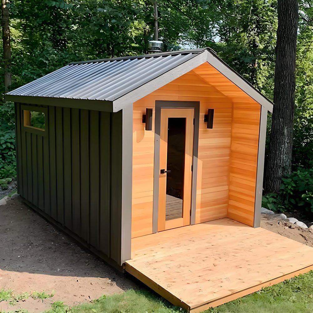 Cedar outdoor luxury bathroom shower room with a sauna combination, including a shower and a sauna room. It is equipped with an electric furnace and can be customized.