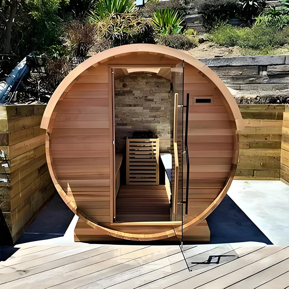 Custom - made square modern solid - wood outdoor sauna room with a computer control panel and a capacity for 4 people 主圖