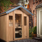 Custom - made pointed - roof redwood electric sauna. It is environmentally friendly and easy to operate, suitable for hotels and villas.