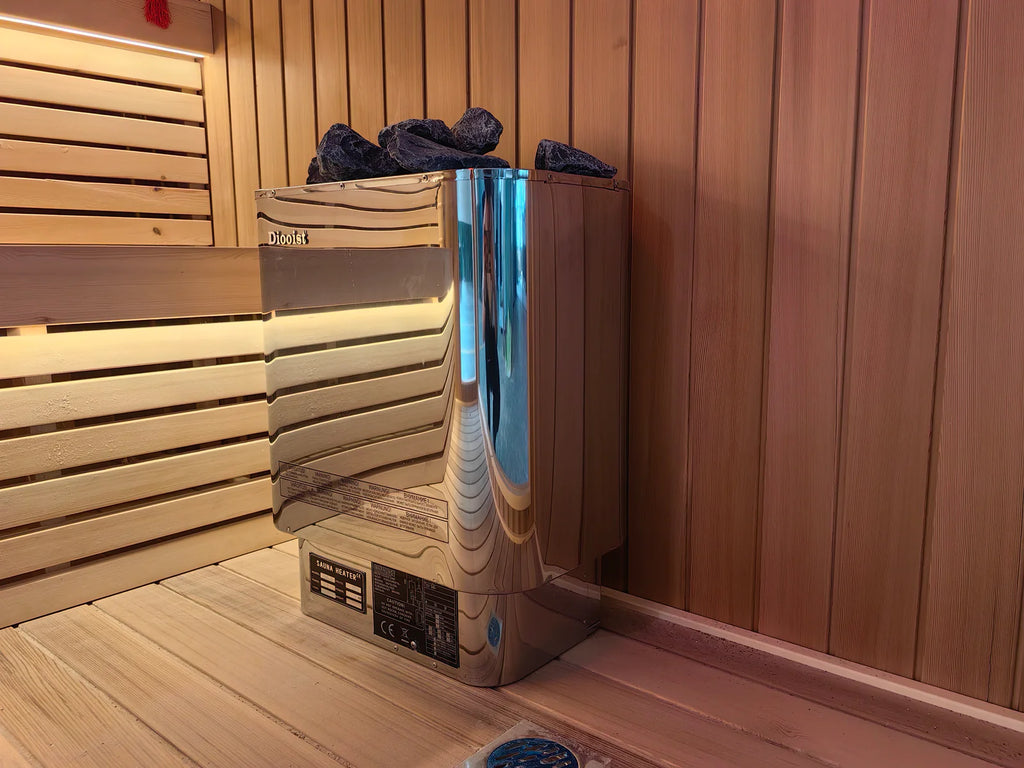 Custom - made pointed - roof redwood electric sauna. It is environmentally friendly and easy to operate, suitable for hotels and villas.