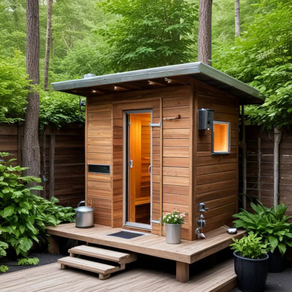 Environment - friendly 2 - person indoor square - shaped sauna room / sauna house. This compact customized sauna cabin is suitable for indoor use and comes with various accessories.