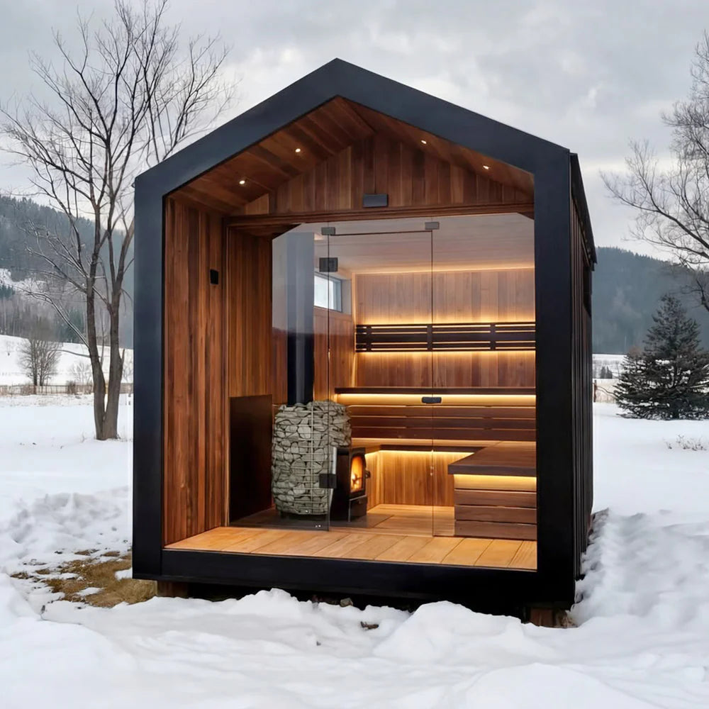 Pointed - roof far - infrared indoor sauna. It features a modern design, is made of red cedar solid wood, comes with a steam function, control panel, and accessories, and is suitable for villas.