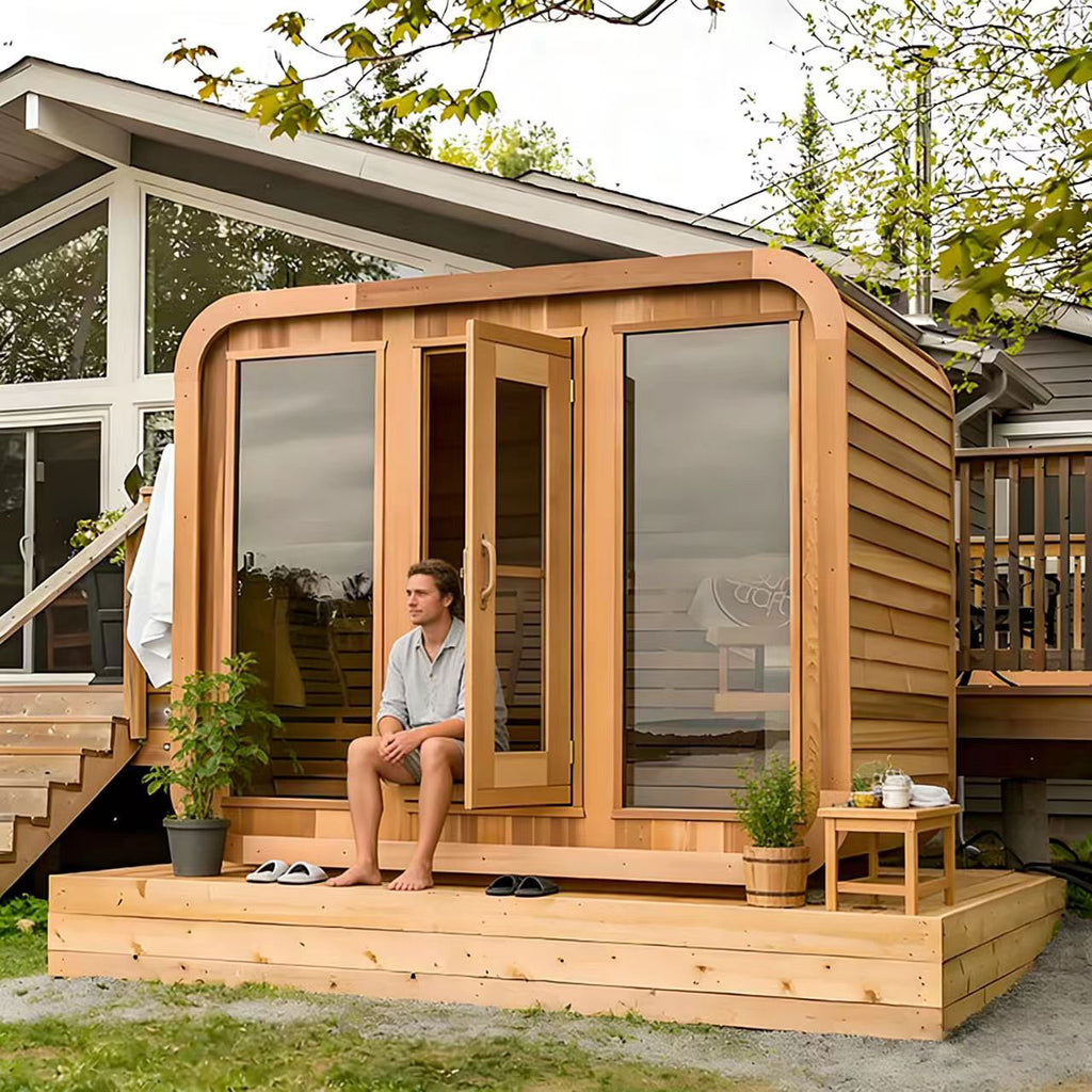 A comfortable outdoor cube - shaped sauna room for 1 - 2 people. It is a solid - wood sauna room with a wet - steam function.