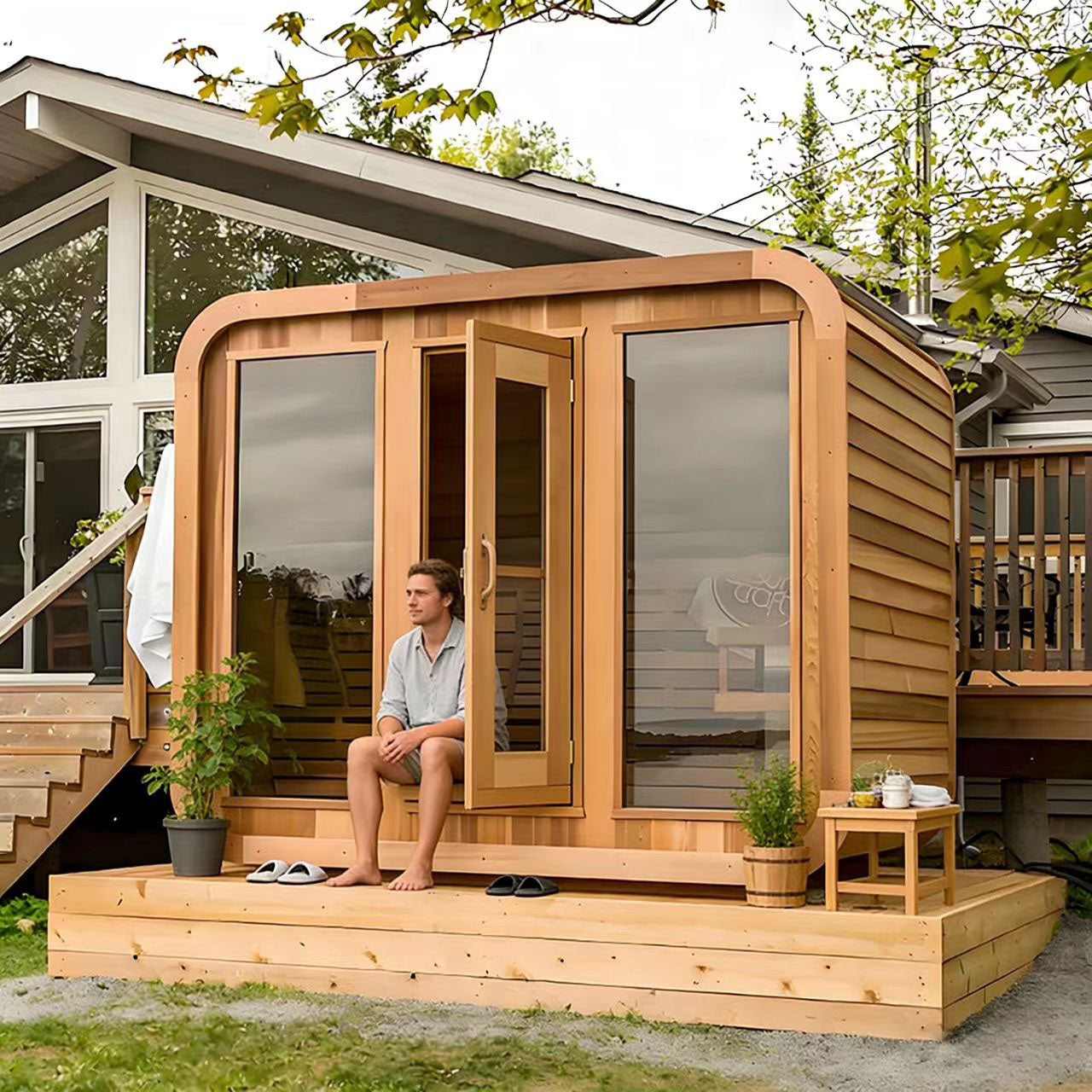 A comfortable outdoor cube - shaped sauna room for 1 - 2 people. It is a solid - wood sauna room with a wet - steam function.