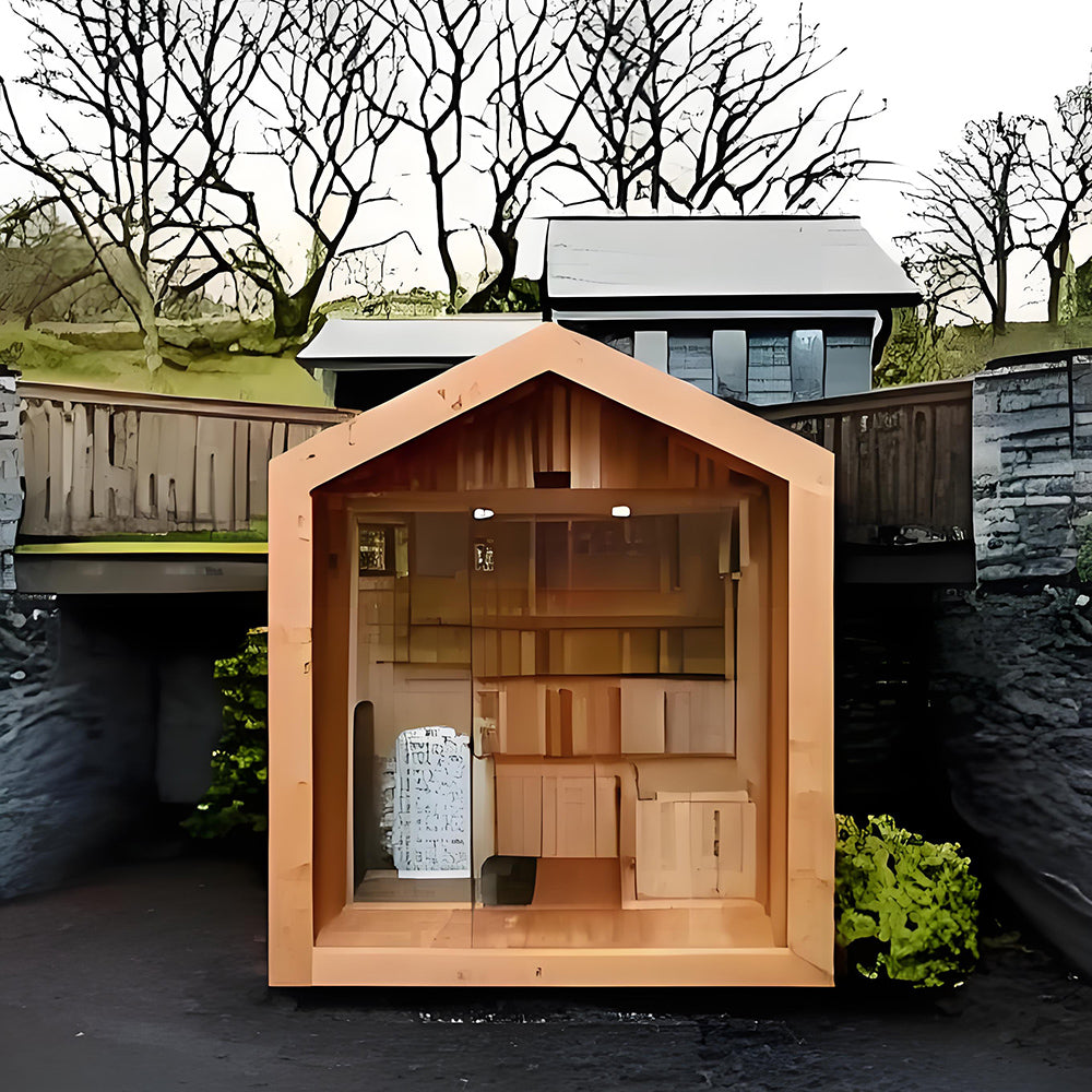 A luxurious and modern - designed outdoor traditional steam sauna, customized for large squares. It is made of solid wood, provides dry steam, and is suitable for 4 people to relax. 主圖