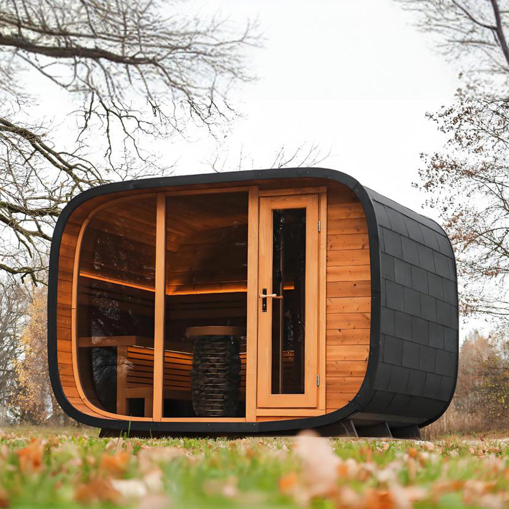 A comfortable outdoor cube - shaped sauna room for 1 - 2 people. It is a solid - wood sauna room with a wet - steam function. 副圖