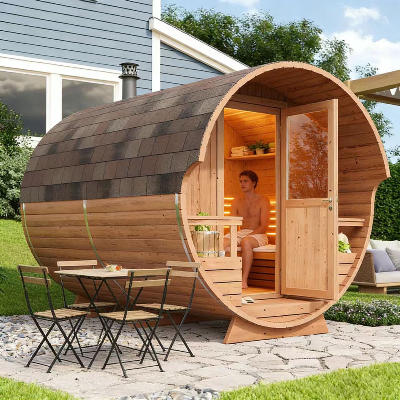 Backyard wooden barrel sauna, an outdoor round cabin used for hot spring vacations, thermotherapy, steam experiences, and traditional sauna indoors