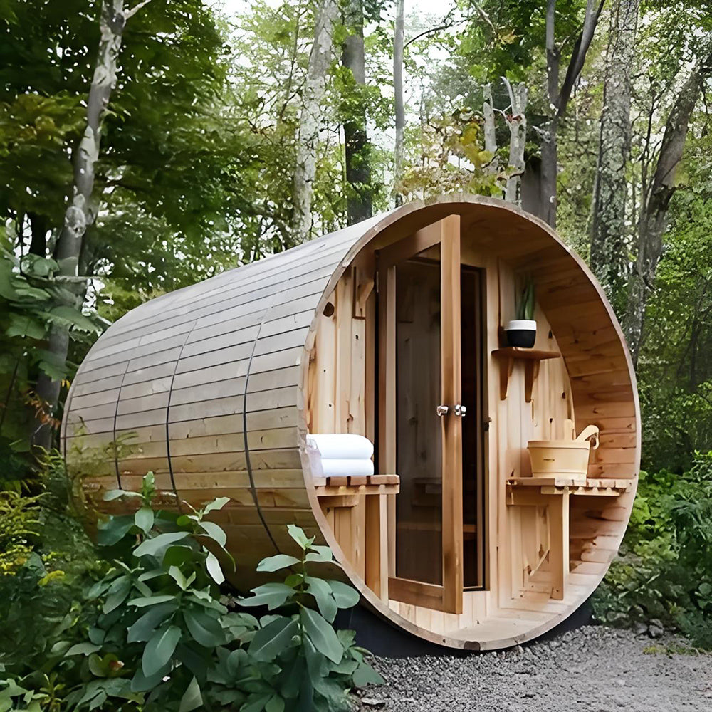 4 - 6 - person modern - designed outdoor sauna room, barrel - shaped traditional Finnish cedar solid - wood steam sauna room for home use 主圖