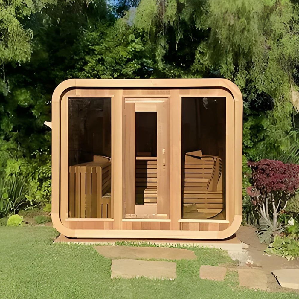 Affordable Solid - wood Outdoor Square - shaped Sauna for 4 - 6 People. It features a modern - designed sauna room with modern energy - saving functions.