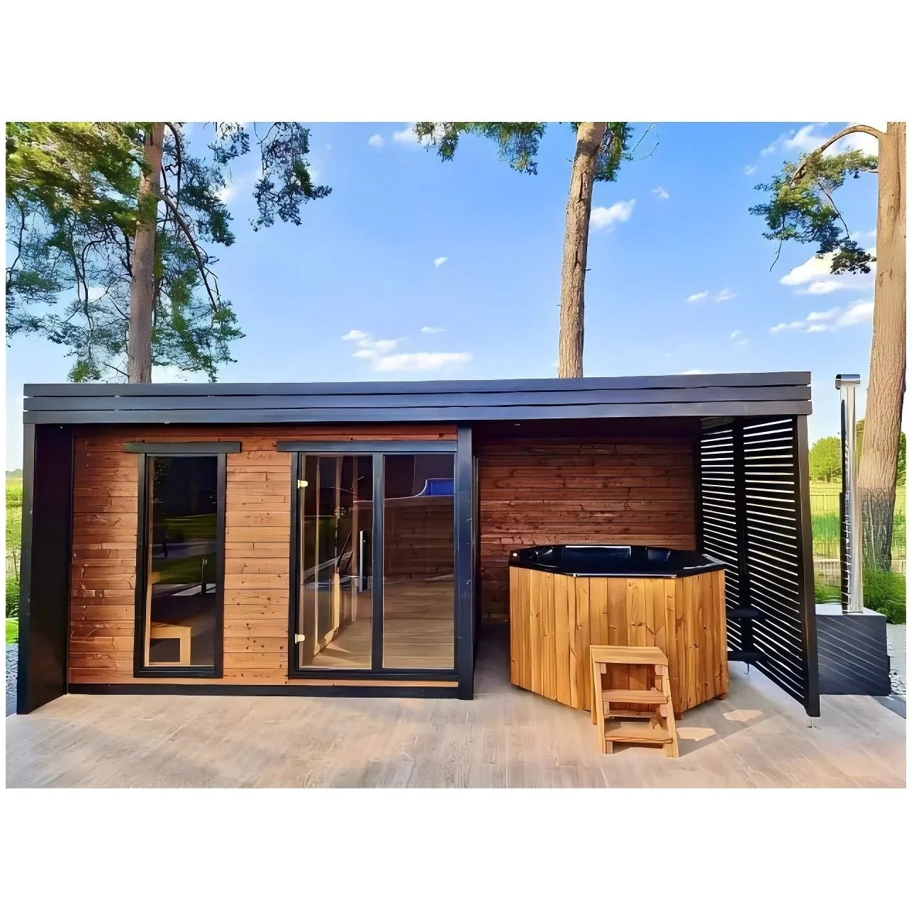 Custom - size high - quality cedar sauna room with red cedar glass windows. It features a modern design and has a large - sized bathtub space outdoors. 主圖