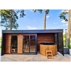 Custom - size high - quality cedar sauna room with red cedar glass windows. It features a modern design and has a large - sized bathtub space outdoors.