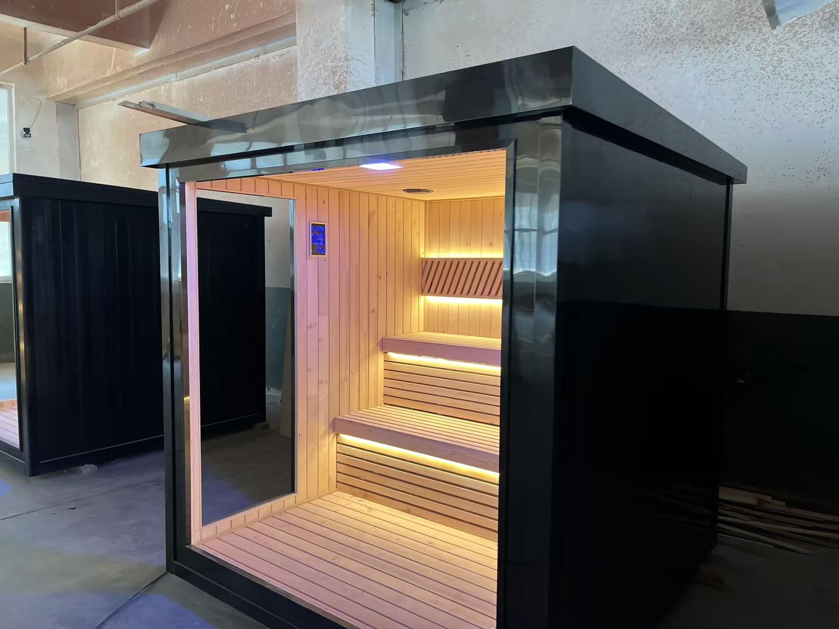Traditional Canadian red cedar outdoor cube - shaped sauna room with solid - wood construction and wet - steam function