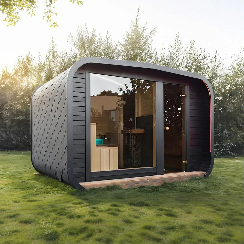 Stylish wooden outdoor cube - shaped sauna, wet - steam sauna, sauna for 4 - 6 people, outdoor sauna